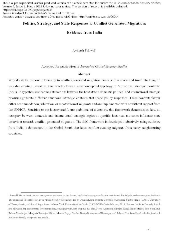 Politics, Strategy, and State Responses to Conflict Generated Migration: Evidence from India Thumbnail