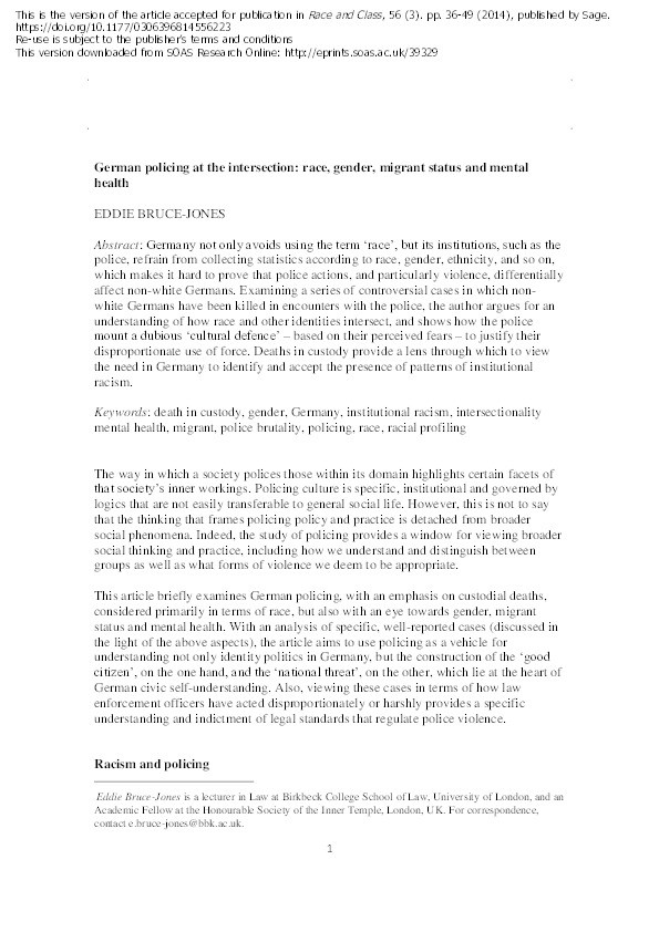 German Policing at the Intersection:  Race, Gender, Migrant Status and Mental Health Thumbnail