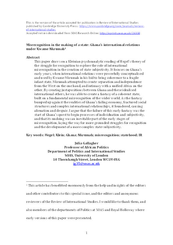 Misrecognition in the making of a state: Ghana’s international relations under Kwame Nkrumah Thumbnail