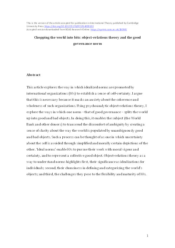 Chopping the world into bits: object relations theory and the good governance norm Thumbnail