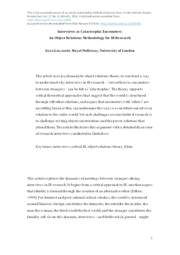 Interviews as catastrophic encounters: loss and loneliness in IR research Thumbnail
