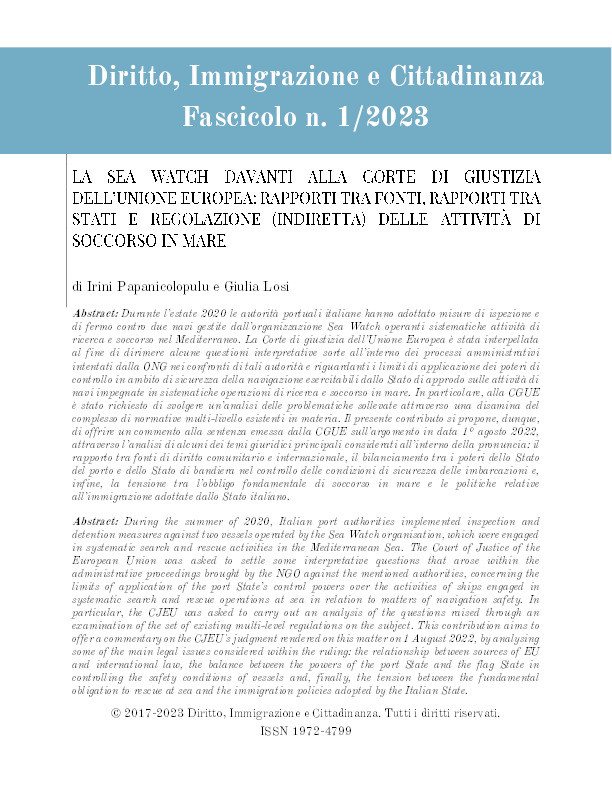 La Sea Watch davanti alla Corte di Giustizia dell’Unione Europea: rapporti tra fonti, rapporti tra Stati e regolazione (indiretta) delle attività di soccorso in mare Thumbnail