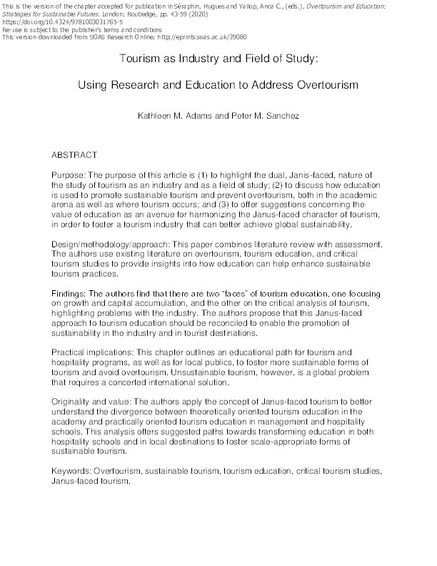 Tourism as Industry and Field of Study: Using Research and Education to Address Overtourism Thumbnail