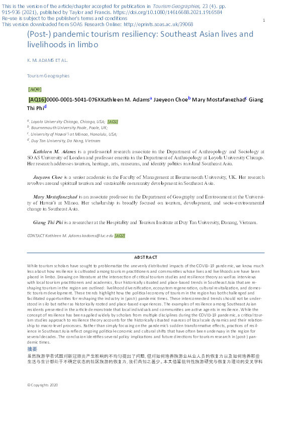 (Post-) Pandemic Tourism Resiliency: Southeast Asian Lives and Livelihoods in Limbo Thumbnail