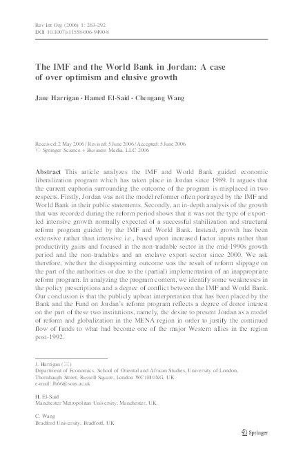 The IMF and the World Bank in Jordan: A Case of Over-Optimism Thumbnail
