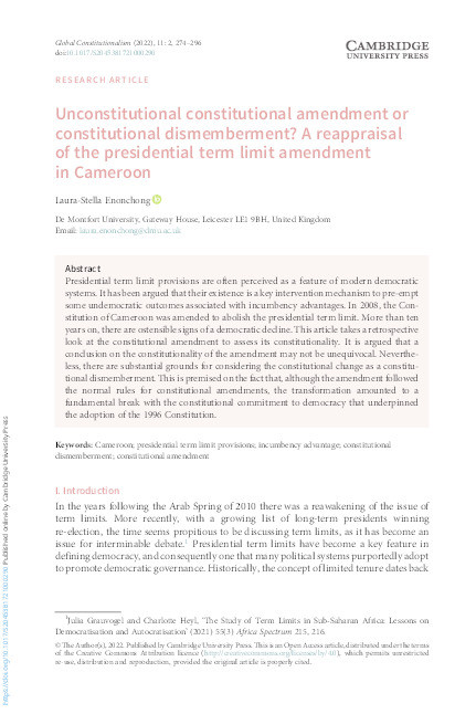 Unconstitutional constitutional amendment or constitutional dismemberment? A reappraisal of the presidential term limit amendment in Cameroon Thumbnail