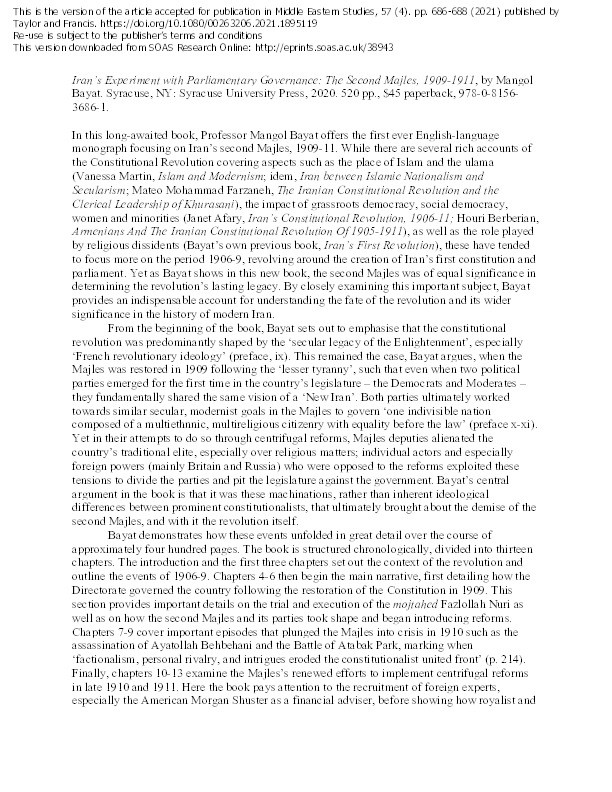 Review of Mangol Bayat, 'Iran’s Experiment with Parliamentary Governance: The Second Majles, 1909-1911' (Syracuse, NY: Syracuse University Press, 2020) Thumbnail