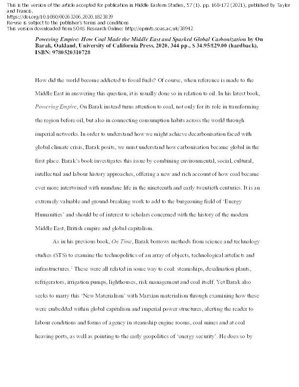 Review of: On Barak, 'Powering Empire: How Coal Made the Middle East and Sparked Global Carbonization' (Berkeley, CA: University of California Press, 2020)168-72. Thumbnail