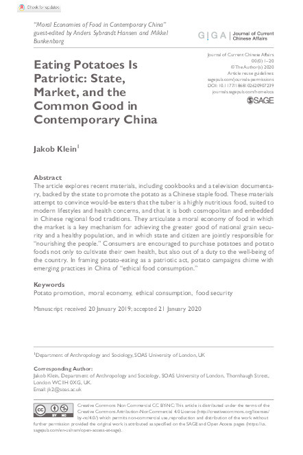 Eating potatoes is patriotic: state, market and the common good in contemporary China Thumbnail