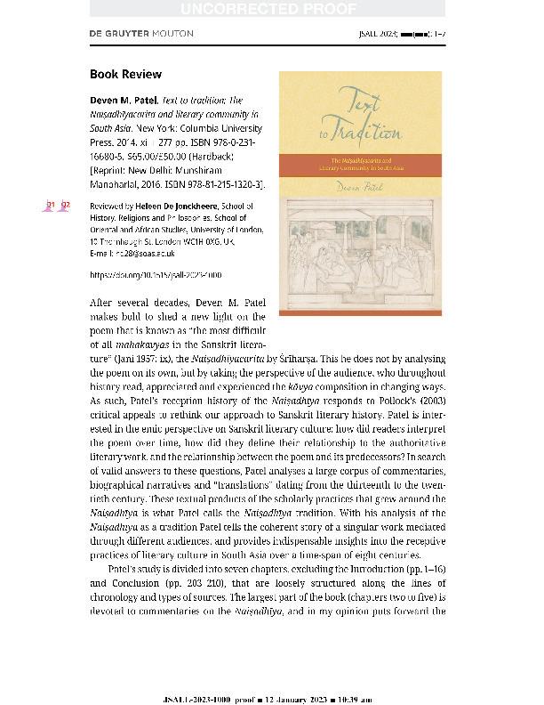 Book Review of Deven M. Patel, Text to Tradition: The Naiṣadhīyacarita and Literary Community in South Asia Thumbnail