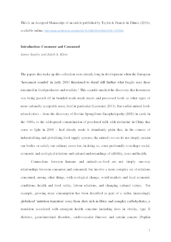 Ethnos – Volume 82, Issue 2 (2017): Includes the Theme Issue: Consumer and Consumed: Humans and Animals in Globalising Food Systems Thumbnail