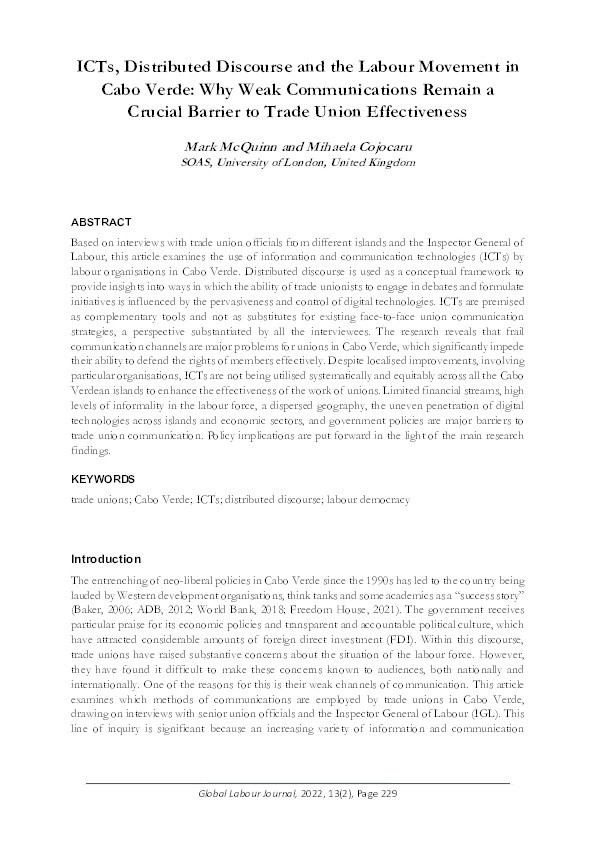 ICTs, Distributed Discourse and the Labour Movement in Cabo Verde: Why Weak Communications Remain a Crucial Barrier to Trade Union Effectiveness Thumbnail