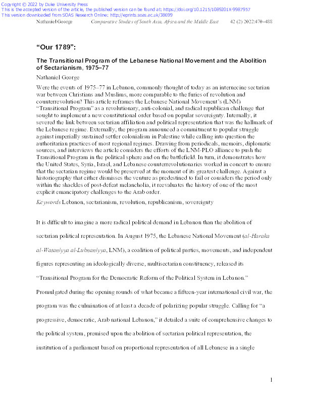 “Our 1789”: The Transitional Program of the Lebanese National Movement and the Abolition of Sectarianism, 1975–77 Thumbnail