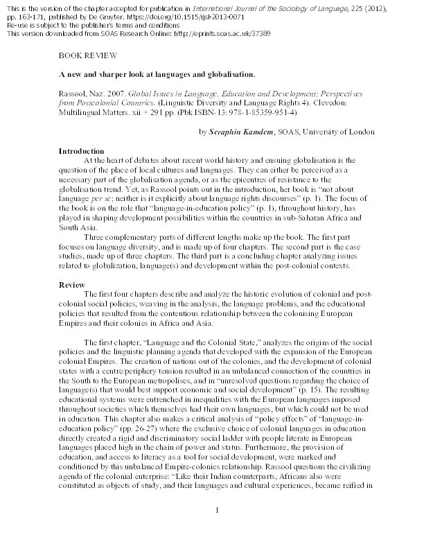 ‘A new and sharper look at languages and globalisation’. A review of Naz Rassool. 2007. Global Issues in Language, Education and Development; Perspectives from Postcolonial Countries. Clevedon: Multilingual Matters. Thumbnail