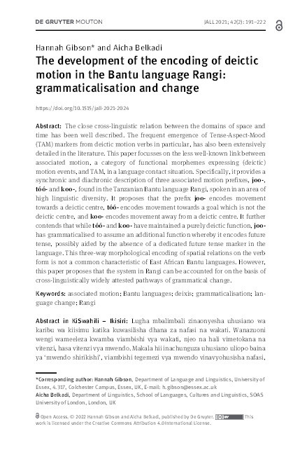 The development of the encoding of deictic motion in the Bantu language Rangi: grammaticalisation and change Thumbnail