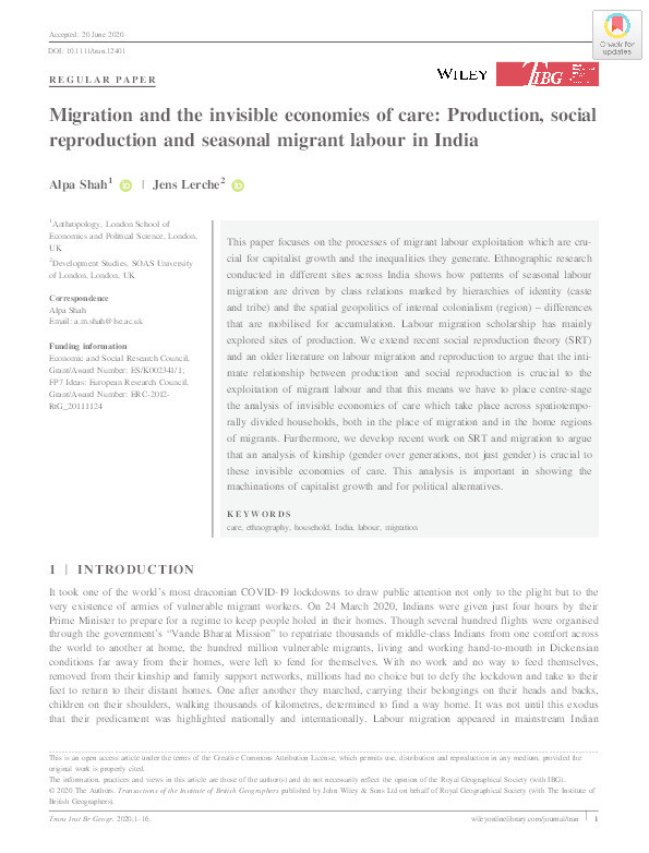 Migration and the Invisible Economies of Care: Production, social reproduction and seasonal migrant labour in India Thumbnail