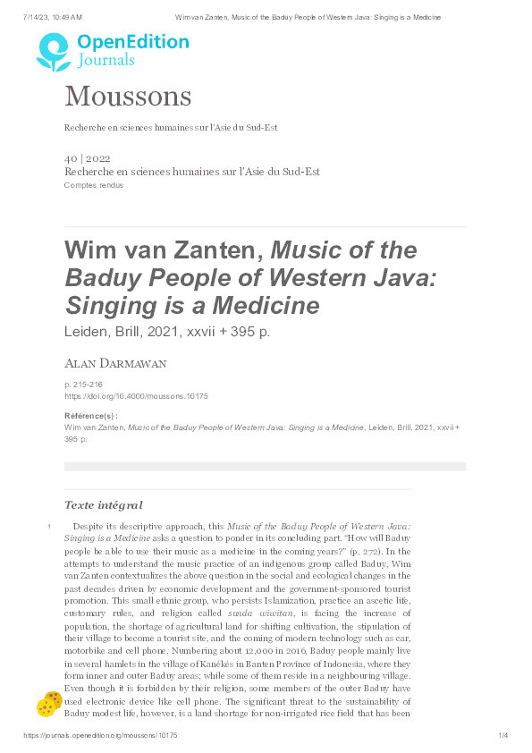 Review of: Wim van Zanten, Music of the Baduy People of Western Java: Singing is a Medicine Thumbnail