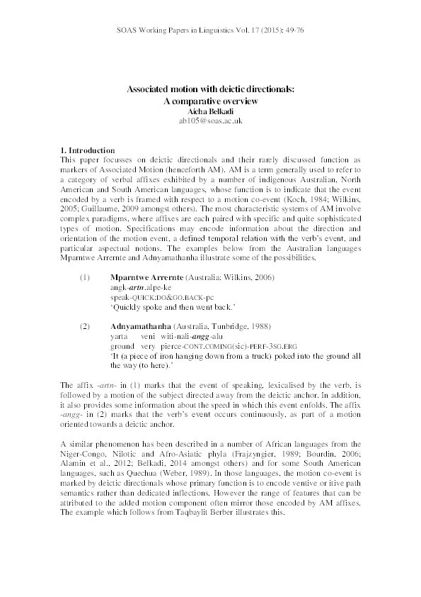 Associated motion with deictic directionals: A comparative overview Thumbnail
