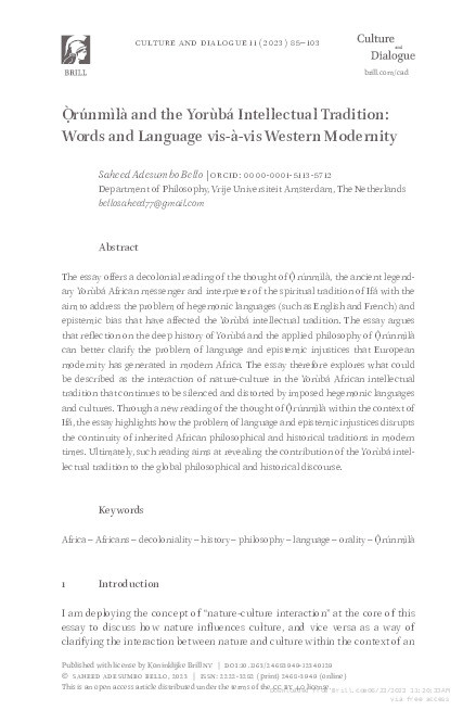 Ọ̀rúnmìlà and the Yorùbá Intellectual Tradition: Words and Language vis-à-vis Western Modernity Thumbnail