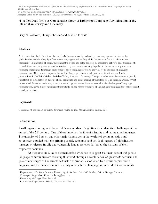 “I’m Not Dead Yet”: A Comparative Study of Indigenous Language Revitalization in the Isle of Man, Jersey and Guernsey. Thumbnail