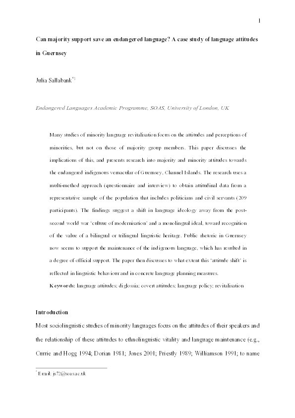 Can majority support save an endangered language? A case study of language attitudes in Guernsey Thumbnail