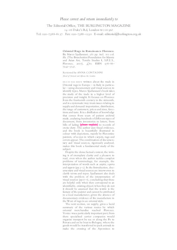 Review of Marco Spallanzani, Oriental Rugs in Renaissance Florence. Florence: S.P.E.S., 2007 Thumbnail