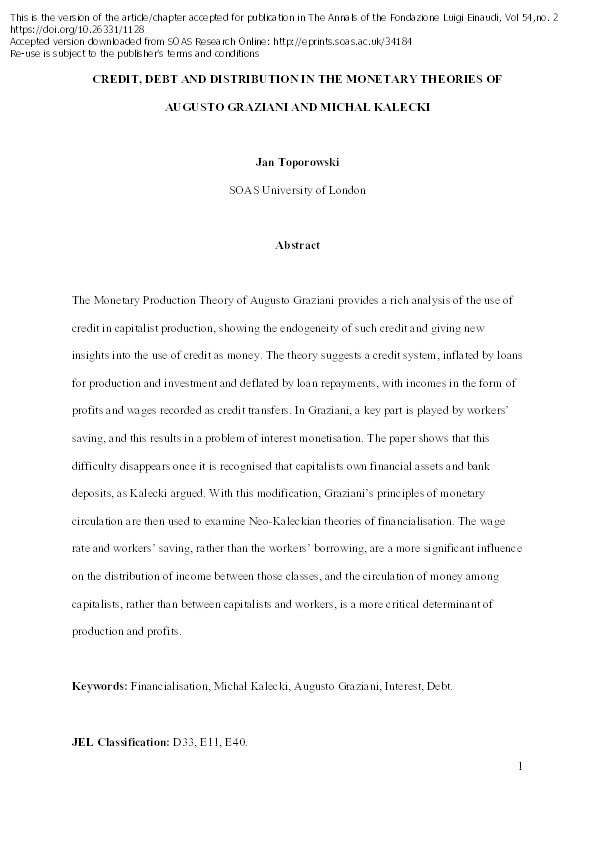 Credit, Debt And Distribution In The Monetary Theories Of Augusto Graziani And Michał Kalecki Thumbnail