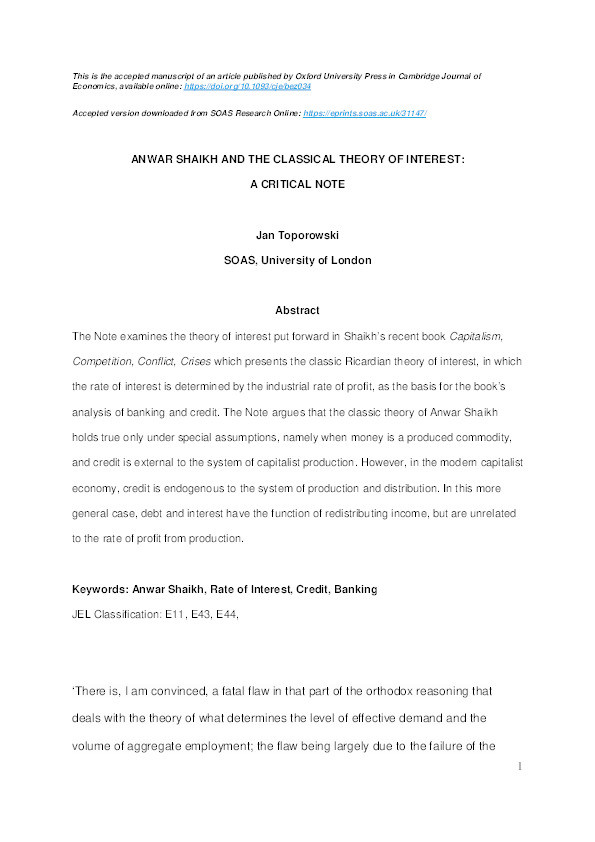 Anwar Shaikh and the Classical Theory of Interest: A Critical Note Thumbnail