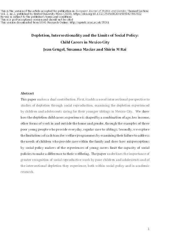 Depletion, intersectionality and the limits of social policy: child carers in Mexico City Thumbnail