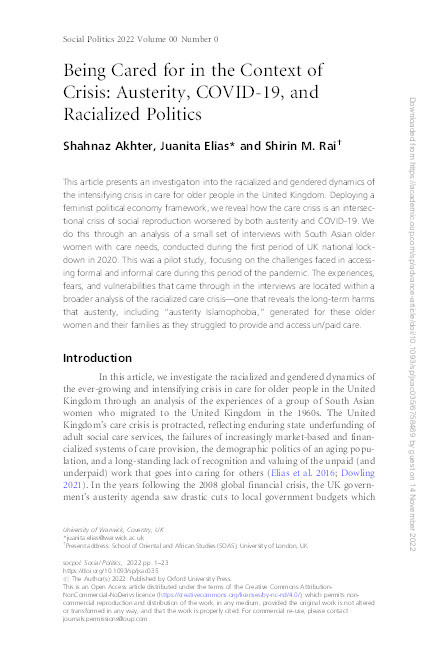 Being Cared for in the Context of Crisis: Austerity, COVID-19, and Racialized Politics Thumbnail