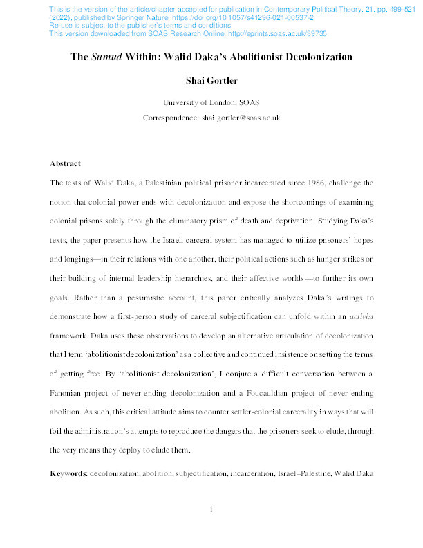 The Sumud Within: Walid Daka’s Abolitionist Decolonization Thumbnail
