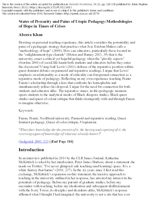 States of Precarity and Pains of Utopic Pedagogy: Methodologies of Hope in Times of Crises Thumbnail