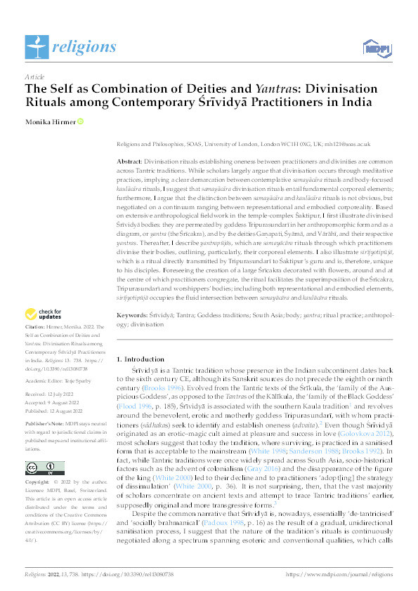 The Self as Combination of Deities and Yantras: Divinisation Rituals among Contemporary Śrīvidyā Practitioners in India Thumbnail