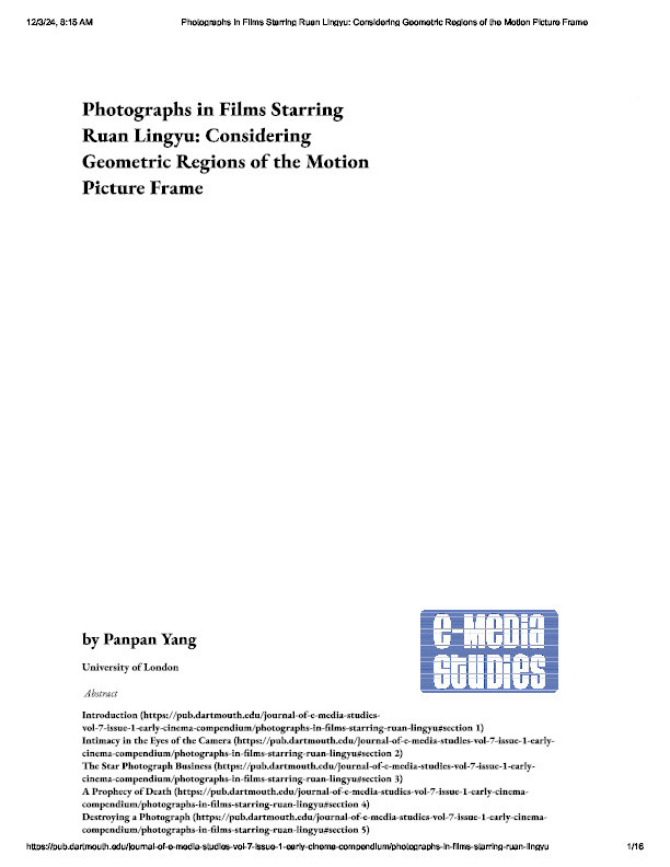 Photographs in Films Starring Ruan Lingyu: Considering Geometric Regions of the Motion Picture Frame Thumbnail