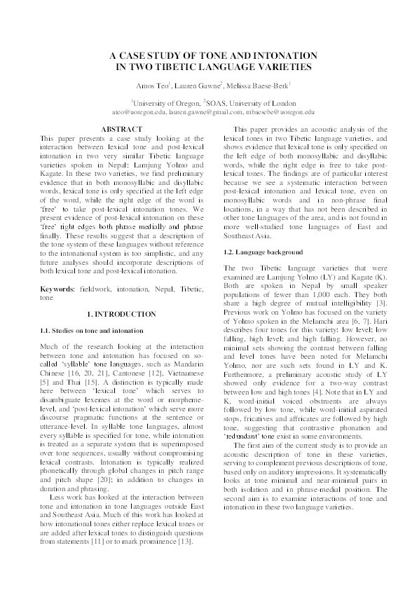 Tone and intonation: A case study in two Tibetic languages Thumbnail