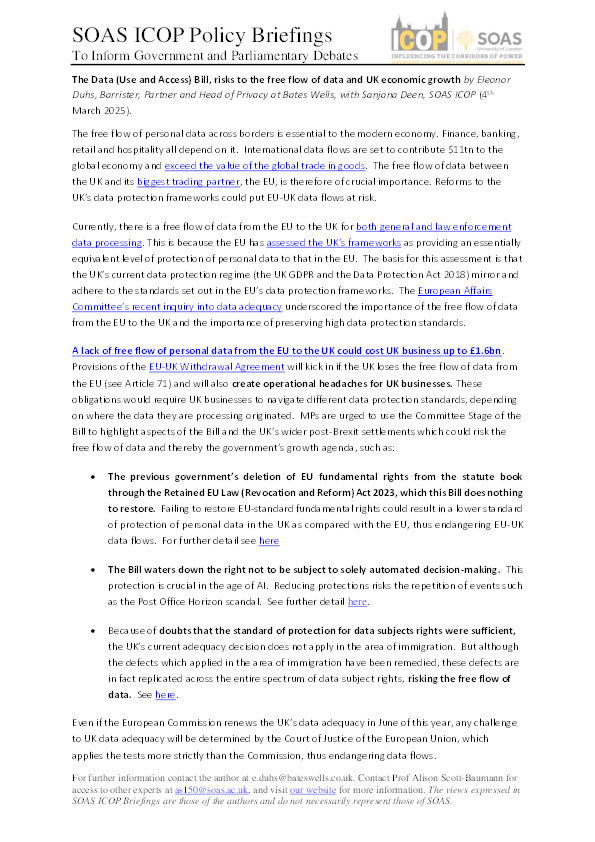 Committee Stage: The Data (Use and Access) Bill: Risks to the Free Flow of Data and UK Economic Growth Thumbnail