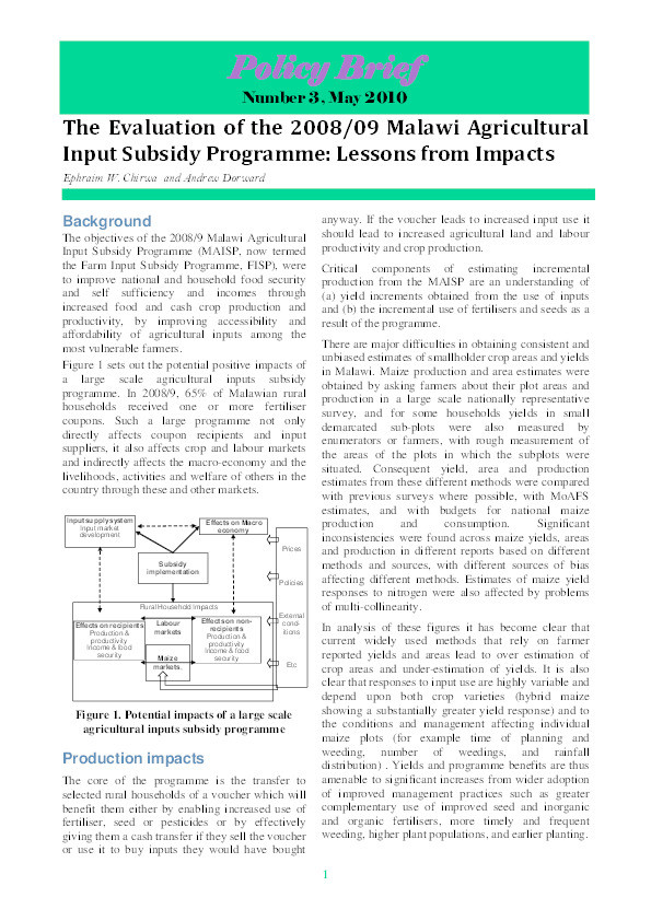 The Evaluation of the 2008/09 Malawi Agricultural Input Subsidy Programme: Lessons from Impacts Thumbnail