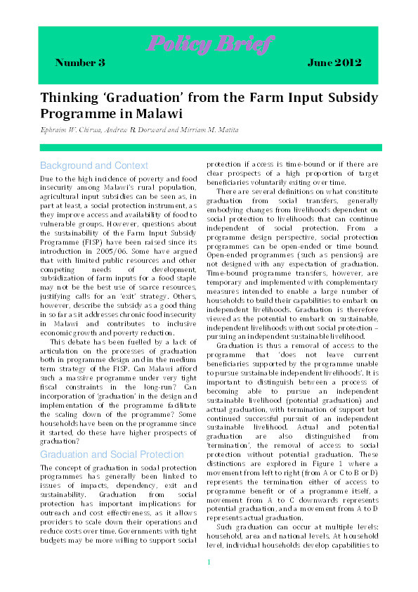 Thinking about ‘Graduation’ from the Farm Input Subsidy Programme in Malawi Thumbnail