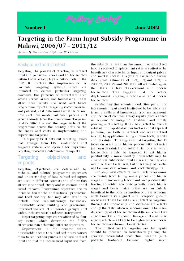 Targeting in the Farm Input Subsidy Programme in Malawi, 2006/07 – 2011/12 Thumbnail
