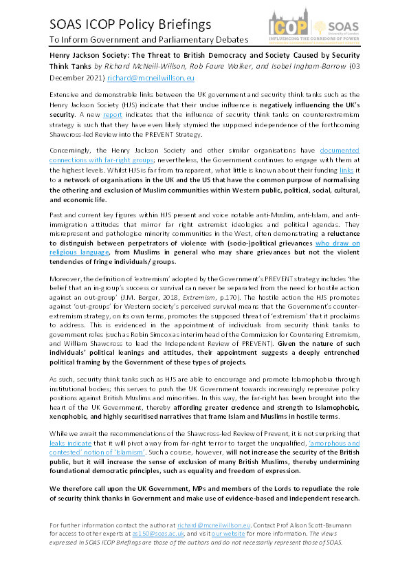 Henry Jackson Society: The Threat to British Democracy and Society Caused by Security Think Tanks: Report Summary Thumbnail