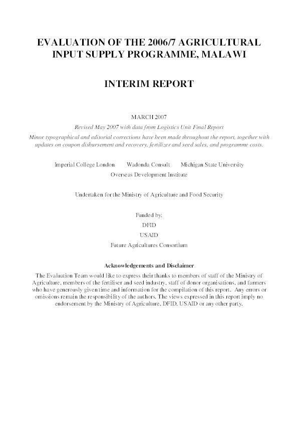 Evaluation of the 2006/7 Agricultural Input Supply Programme, Malawi: Interim Report Thumbnail