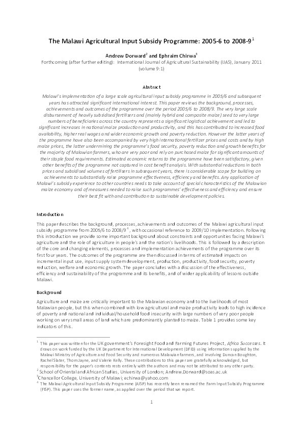 The Malawi Agricultural Input Subsidy Programme: 2005-6 to 2008-9 Thumbnail