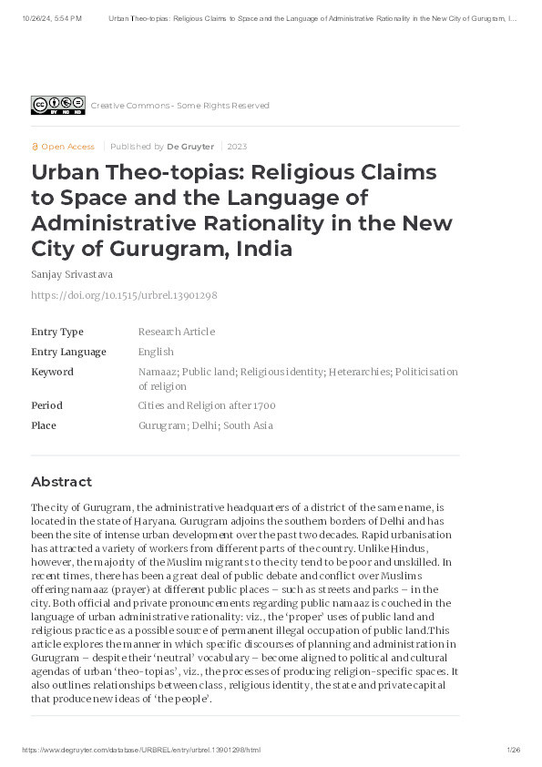 Urban Theo-topias: Religious Claims to Space and the Language of Administrative Rationality in the New City of Gurugram, India Thumbnail