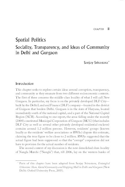 Spatial Politics: Sociality, "Transparency" and Ideas of Community in Delhi and Gurgaon Thumbnail