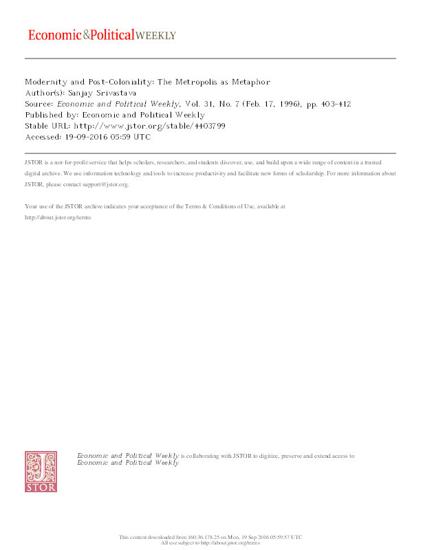 Modernity and Post-Coloniality: The Metropolis as Metaphor Thumbnail