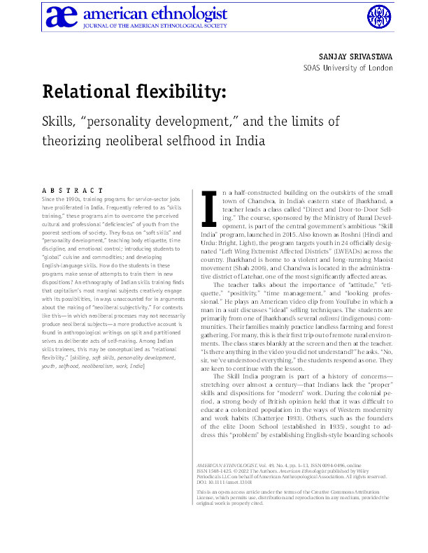 Relation Flexibility: "Personality Development", Selfhood and the Limits of Theorising Neoliberalism in India Thumbnail