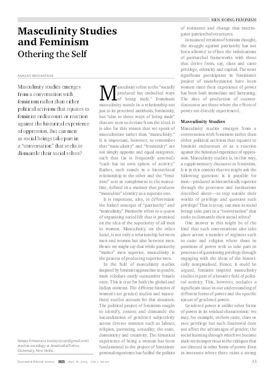 Masculinity Studies and Feminism: Othering the Self Thumbnail