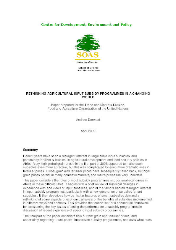 Rethinking Agricultural Input Subsidy Programmes in a Changing World [Prepared for F.A.O.] Thumbnail