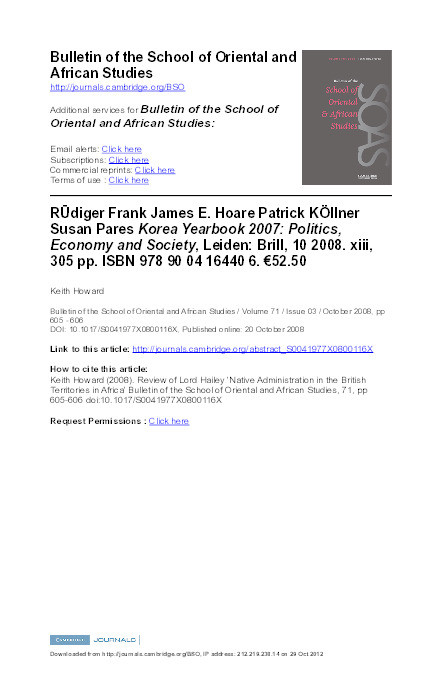 Review of Rudiger Frank, James E Hoare, Patrick Kollner and Susan Pares, eds, Korea Yearbook 2007: Politics, Economy and Society Thumbnail