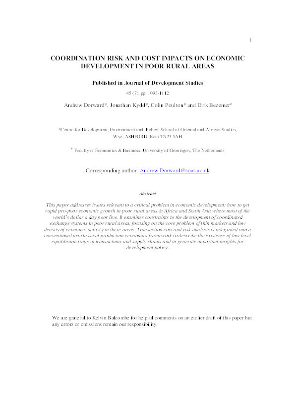 Coordination risk and cost impacts on economic development in poor rural areas Thumbnail